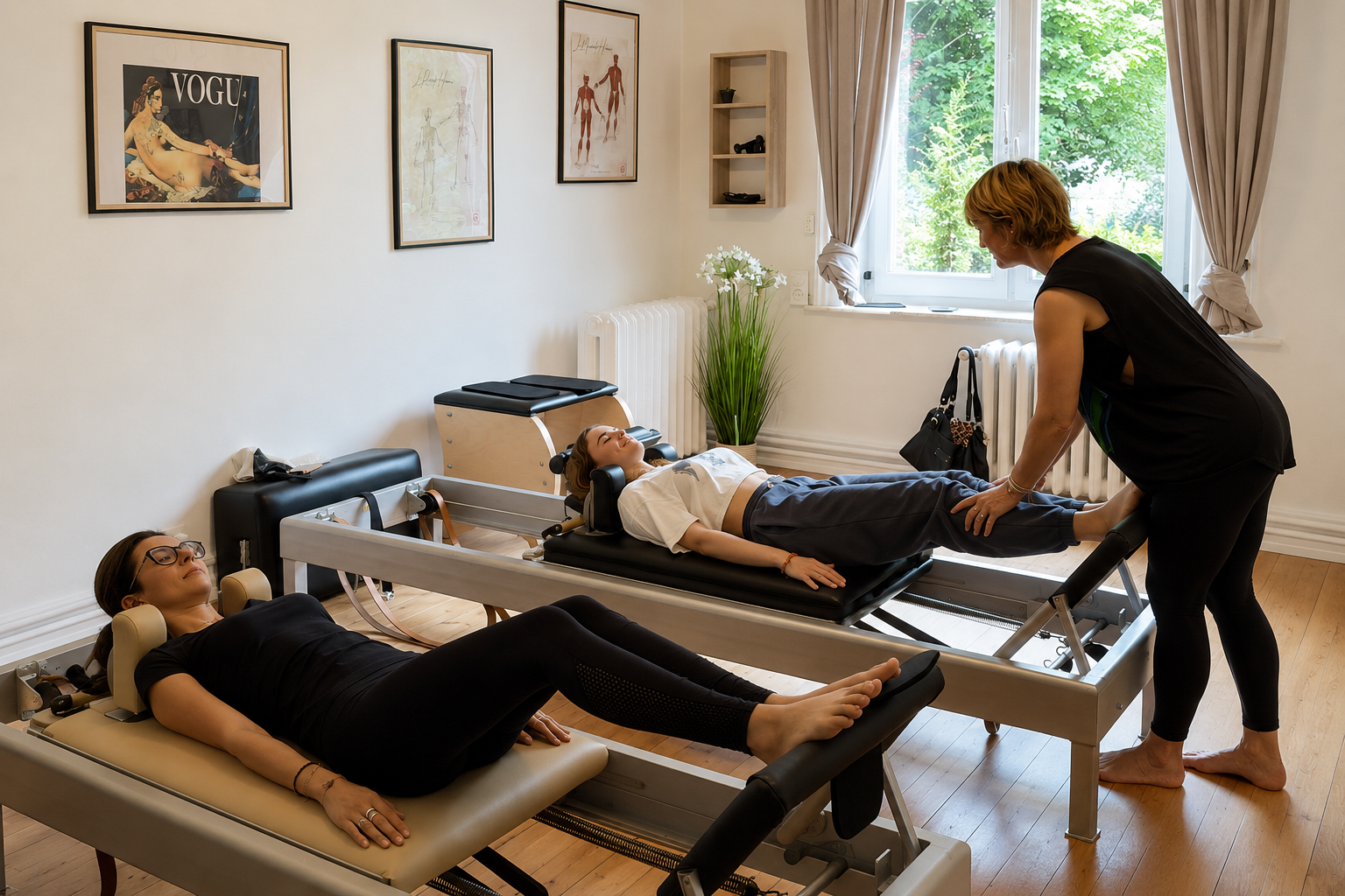 Coralie accompagne une élève sur Reformer au studio Move and Breathe à Roubaix
